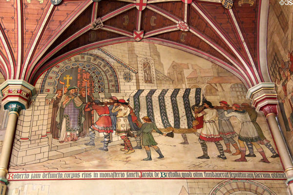 Painted mural (1875) of scene from Anarchy by Horatio Walter Lonsdale in Banqueting Hall at Cardiff Castle. Cardiff, Wales.