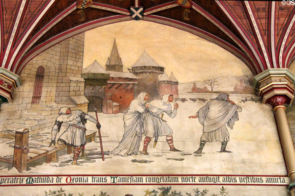 Painted mural (1875) of scene from Anarchy of Matilda, contender for the throne, walking across the ice by Horatio Walter Lonsdale in Banqueting Hall at Cardiff Castle. Cardiff, Wales.