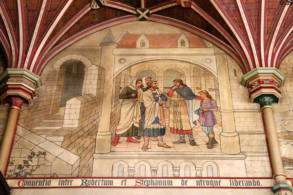 Painted mural (1875) of scene from Anarchy depicting meeting between Robert & Stephen about their mutual freedom by Horatio Walter Lonsdale at Cardiff Castle. Cardiff, Wales.