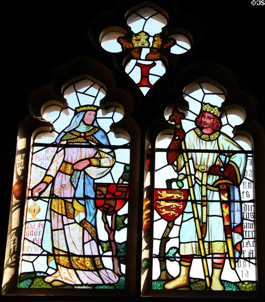 Stained glass windows, designed by William Burges, in Banqueting Hall at Cardiff Castle. Cardiff, Wales.