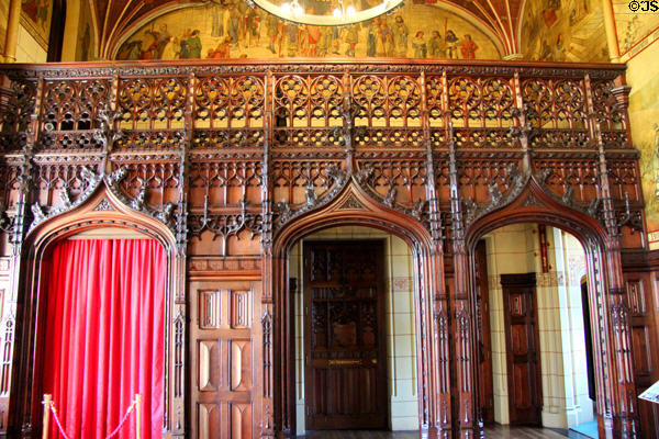 Minstrel Gallery where musicians played during Lord Bute's dinner parties in Banqueting Hall at Cardiff Castle. Cardiff, Wales.