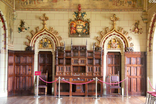 Ornate archways & wall plaques over doors leading from Banqueting Hall at Cardiff Castle. Cardiff, Wales.