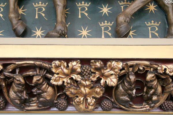 Pairs of rabbits on carved frieze in Banqueting Hall at Cardiff Castle. Cardiff, Wales.