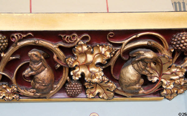 Detail of rabbits on carved frieze in Banqueting Hall at Cardiff Castle. Cardiff, Wales.