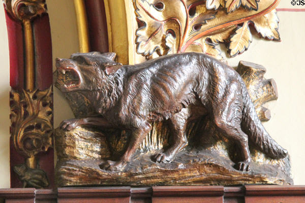 Growling canid sculpture in Banqueting Hall at Cardiff Castle. Cardiff, Wales.