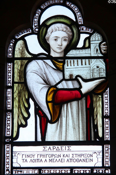 Stained glass window depicting Sardis, one of the seven churches of Asia, from St John's Book of Revelations in Lord Bute's bedroom at Cardiff Castle. Cardiff, Wales.