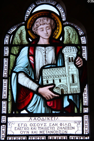 Stained glass window depicting Laodicia, one of the seven churches of Asia, from St John's Book of Revelations in Lord Bute's bedroom at Cardiff Castle. Cardiff, Wales.