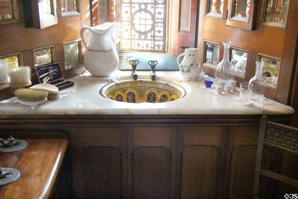 Sink, water pitcher, & other items for morning ablutions in Lord Bute's bathroom at Cardiff Castle. Cardiff, Wales.