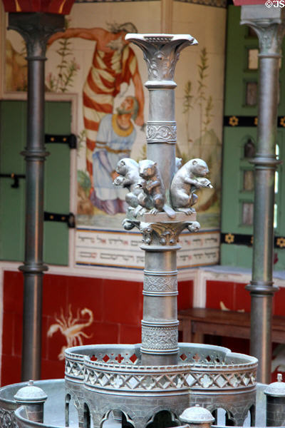 Bronze beavers atop fountain in Roof Garden at Cardiff Castle. Cardiff, Wales.