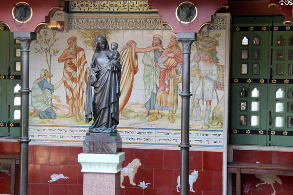 Bronze Virgin & Child statue in style of late 13th/early 14thC in Roof Garden at Cardiff Castle. Cardiff, Wales.