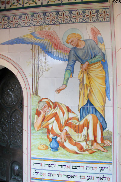 Section from tile mural illustrating life of Elijah in Roof Garden at Cardiff Castle. Cardiff, Wales.