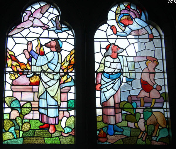 Stained glass windows depicting sacrifices to God from Old Testament at Cardiff Castle. Cardiff, Wales.