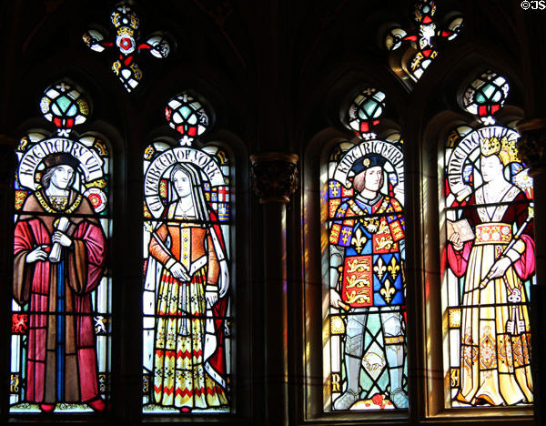 Stained glass depicting King Henry VII & Queen Elizabeth of York + King Richard III & Consort Anne Neville at Cardiff Castle. Cardiff, Wales.