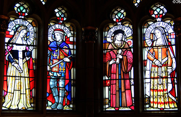 Stained glass depicting Katherine Woodville & Jasper Tudor + King Henry VII & Queen Elizabeth of York at Cardiff Castle. Cardiff, Wales.