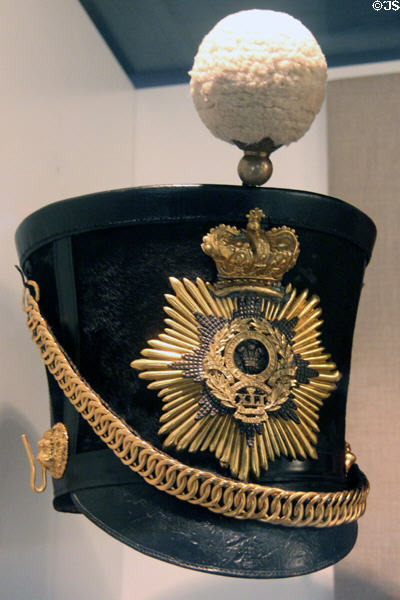 Ball-topped officer's Shako (headdress) (c1842) in Military Museum at Cardiff Castle. Cardiff, Wales.