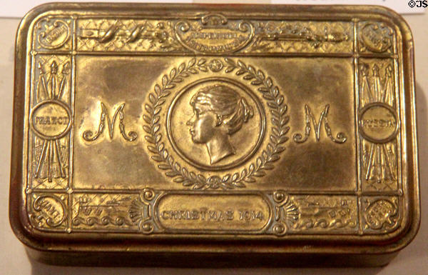 Princess Mary Christmas gift box (1914) decorated with image of the Princess & imperial symbols, containing gifts to be distributed to all armed forces members during WWI in Military Museum at Cardiff Castle. Cardiff, Wales.