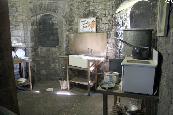 Basic cooking & washing up facilities such as might have been used in air raid shelter at Cardiff Castle. Cardiff, Wales.