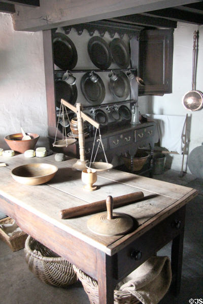 Kitchen work board & tools in Kennixton Farmhouse at St Fagans National Museum of History. Cardiff, Wales.