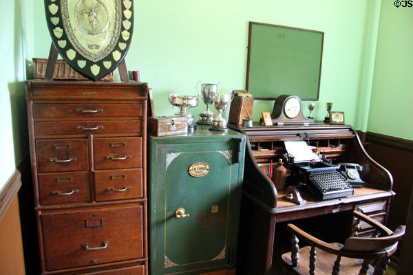 Office with safe & vintage typewriter in Oakdale Workmen's Institute at St Fagans National Museum of History. Cardiff, Wales.