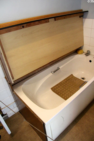 Rhydcar Terrace cottage covered bathtub (c1985) at St Fagans National Museum of History. Cardiff, Wales.