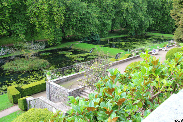Water & topiary features at St Fagans Castle. Cardiff, Wales.