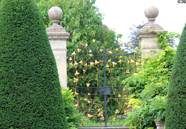Gate with ornate gilded iron work vine at St Fagans Castle. Cardiff, Wales.