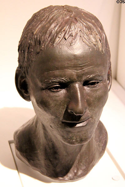 The reconstructed bronze face of Neolithic man (2006) found in Penywyrlod at St Fagans National Museum of History. Cardiff, Wales.