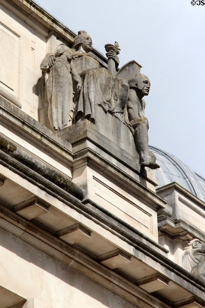 Classic Period sculpture (c1922) on facade of National Museum of Wales, attrib. Gilbert Bayes,. Cardiff, Wales.