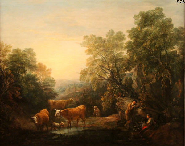 Rocky Wooded Landscape with Rustic Lovers, Herdsmen & Cows painting (1773-4) by Thomas Gainsborough at National Museum of Wales. Cardiff, Wales.