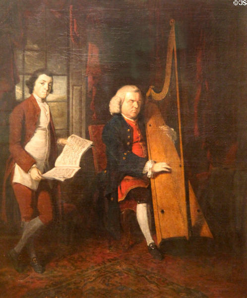 John Parry, the Blind Harpist with an Assistant holding a Book of Music painting (1770s) by William Parry at National Museum of Wales. Cardiff, Wales.