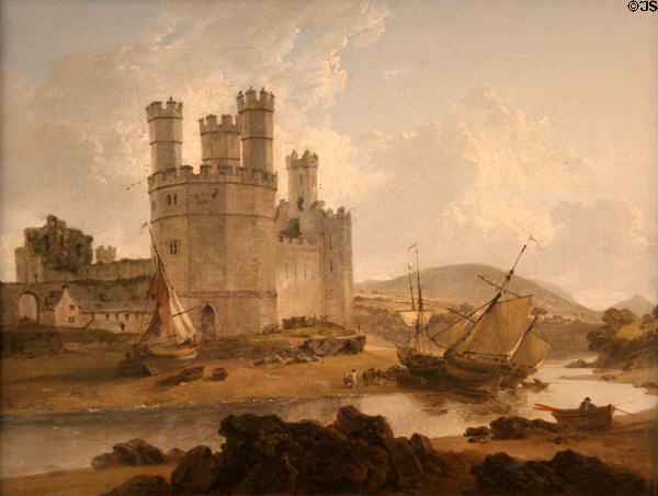 Caernarfon Castle painting (1792) by Julius Caesar Ibbetson at National Museum of Wales. Cardiff, Wales.