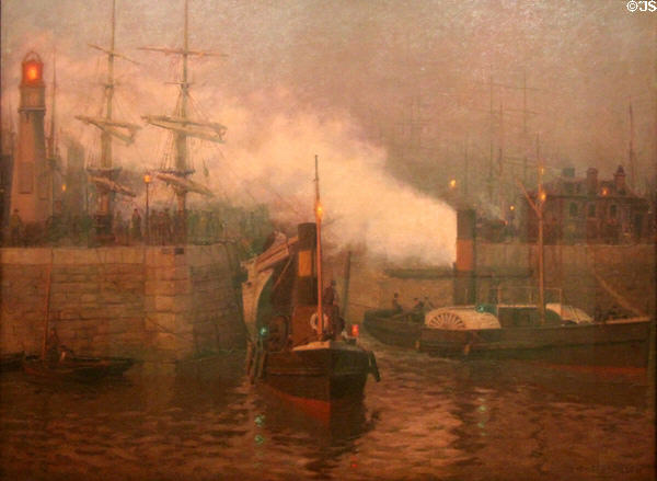 Entrance to Cardiff Docks, evening painting (c1917) by Lionel Walden at National Museum of Wales. Cardiff, Wales.