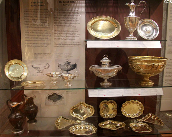 Silver dinner service pieces (1773-5) with neo-classical ornamentation from 160 piece service made for Sir Watkin Williams-Wynn, designed mainly by the Adam brothers at National Museum of Wales. Cardiff, Wales.