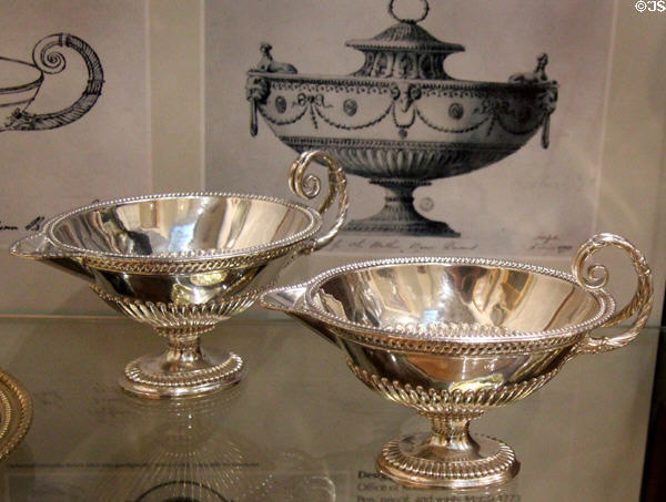 Silver sauceboats (1773-4) from Sir Watkin Williams-Wynn's dinner service by John Carter of London at National Museum of Wales. Cardiff, Wales.