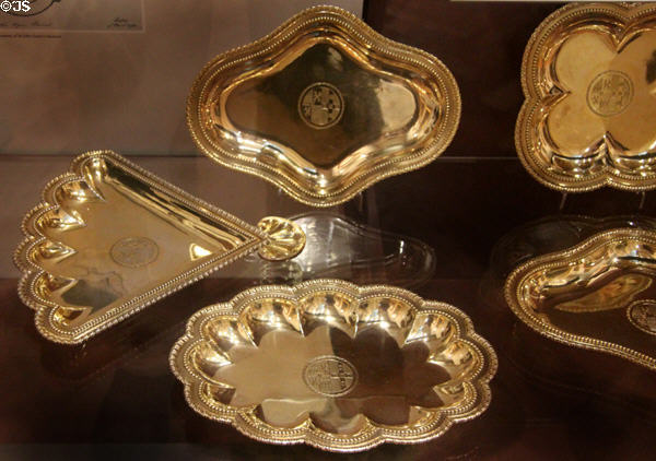 Silver gilt dessert dishes (1773-4) from Sir Watkin Williams-Wynn's dinner service by John Carter of London at National Museum of Wales. Cardiff, Wales.