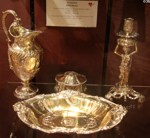 Silver gilt toilet service (1768-9) from the Williams-Wynn family by Thomas Heming of London goldsmith to the King, at National Museum of Wales. Cardiff, Wales.