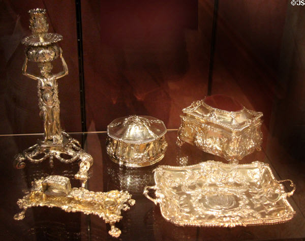 Silver gilt toilet service (1768-9) from the Williams-Wynn family by Thomas Heming of London goldsmith to the King, at National Museum of Wales. Cardiff, Wales.