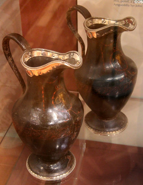 Pewter jugs (c1775-6) with painted ox leather, oak & silver from London commissioned by Sir Watkin Williams-Wynn at National Museum of Wales. Cardiff, Wales.