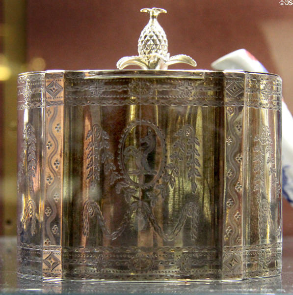 Silver engraved tea canister (1781-2) with welcoming pineapple on lid by Thomas Pratt & Arthur Humphreys of London at National Museum of Wales. Cardiff, Wales.