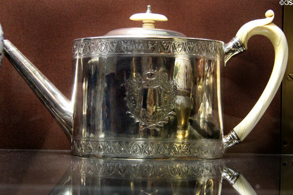 Silver teapot (1792-3) by George Smith II & Thomas Hayter, silversmiths at National Museum of Wales. Cardiff, Wales.
