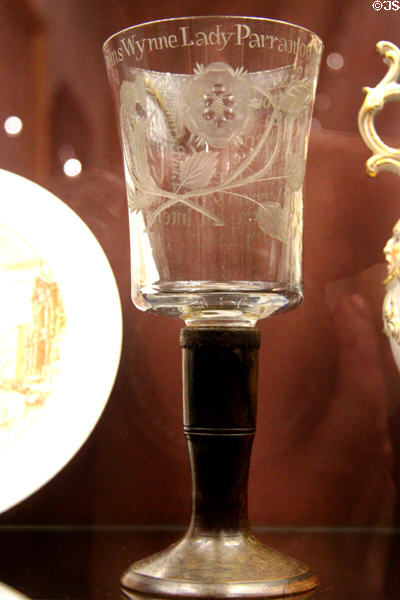 Wine glass (c1758) made for the Confederate Hunt, a Jacobite club in Wales at National Museum of Wales. Cardiff, Wales.