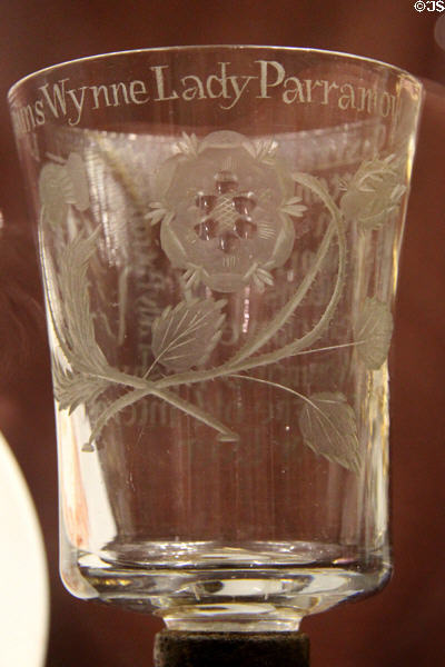 Detail of Jacobite glass with Jacobite rose (c1758) to allow Jacobites to toast the Pretender without needing to state out loud their true allegiance at National Museum of Wales. Cardiff, Wales.