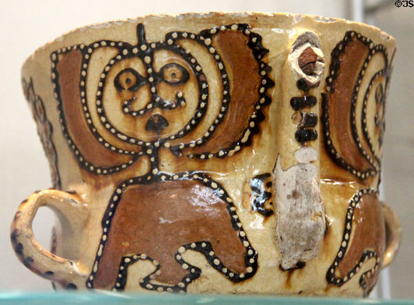 Slipware posset pot (c1680-1700) prob. Staffordshire at National Museum of Wales. Cardiff, Wales.