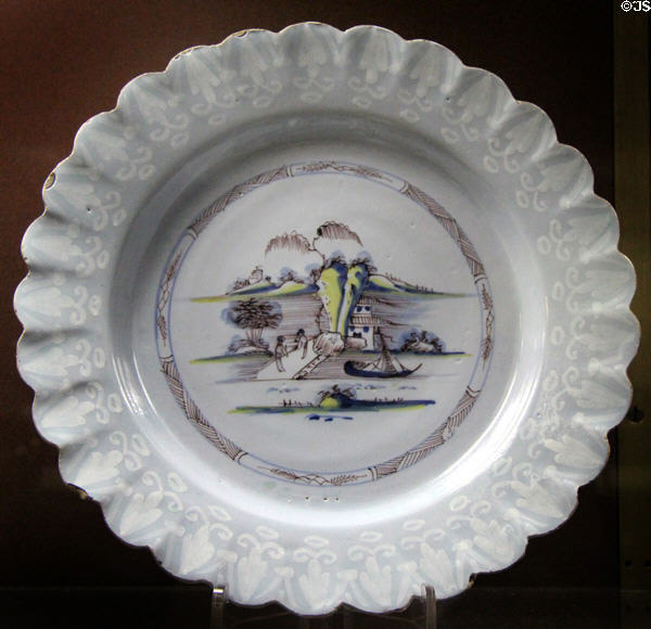 Tin-glazed earthenware plate (c1760-70) with Chinese scene made in Bristol at National Museum of Wales. Cardiff, Wales.