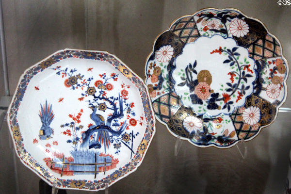 Early examples of English soft-paste porcelain plates (1750-5) made in Chelsea at National Museum of Wales. Cardiff, Wales.