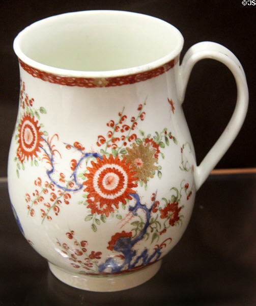Soft-paste porcelain mug (1760) with floral design made in Bow at National Museum of Wales. Cardiff, Wales.