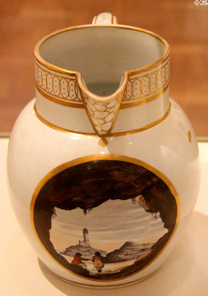 Pearlware jug (c1805) with gold trim and view of Mumbles lighthouse near Swansea, decorated by Thomas Pardoe for Cambrian Pottery at National Museum of Wales. Cardiff, Wales.