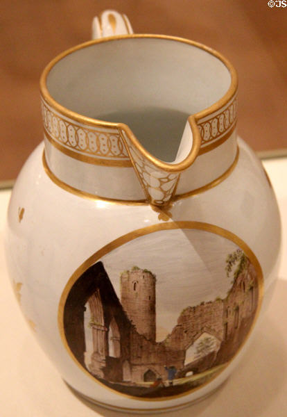 Pearlware jug (c1805) with gold trim and view of Hall at Caerphilly Castle, decorated by Thomas Pardoe for Cambrian Pottery at National Museum of Wales. Cardiff, Wales.