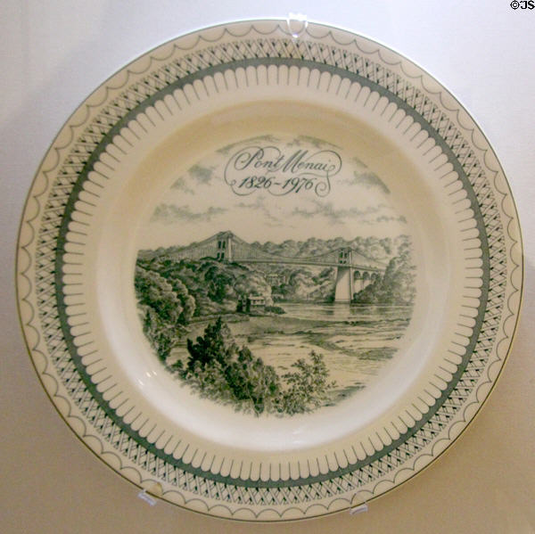 Porcelain plate (1976) with painting of Menai Bridge in scenic setting at National Museum of Wales. Cardiff, Wales.