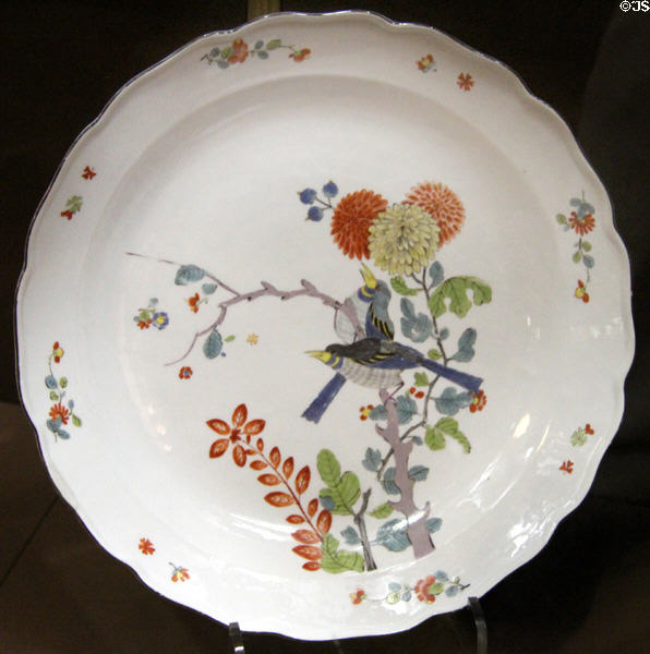 Porcelain dish (c1740) with foliage & bird design by Meissen Porcelain Manuf. of Germany at National Museum of Wales. Cardiff, Wales.